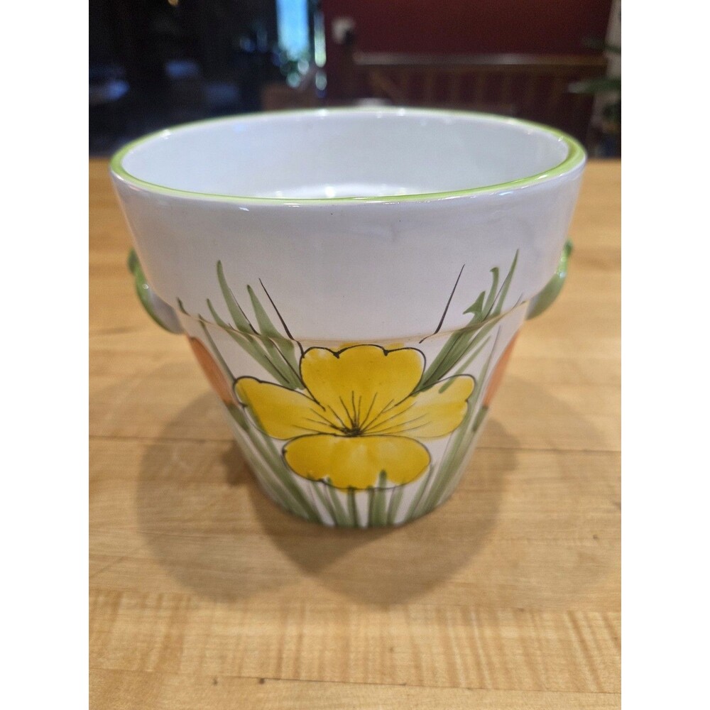 Italian Ceramic Flower Pot Planter Hand-Painted Floral Design